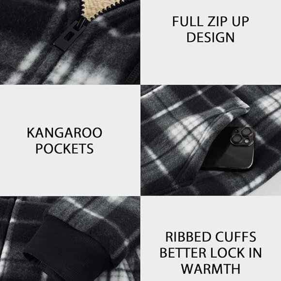 Heavy Thick Hoodies for Men Plaid Flannel Warm Sherpa Fleece Lined Winter - Picture 2 of 5